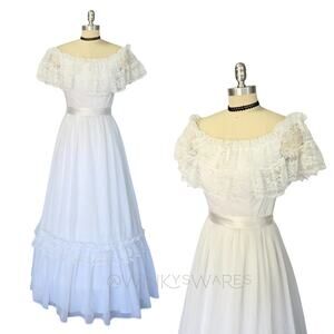 Vintage 70s Prairie Maxi Dress Size S M White Lace Wedding Gown Amy Rose Bridal
